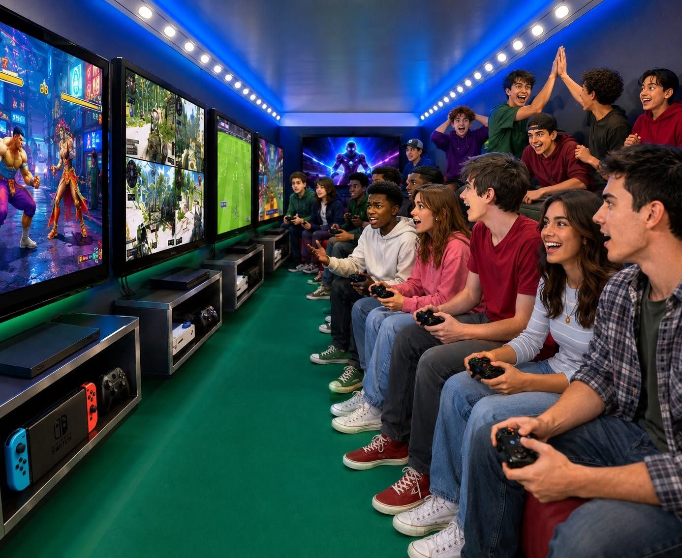 Block party game truck from DFW Rolling Video Games parked in a neighborhood cul-de-sac
